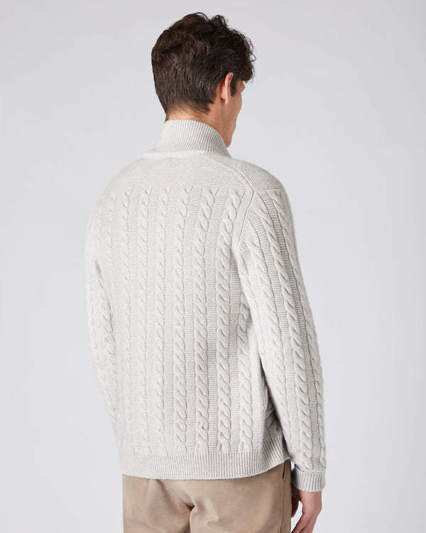 N.Peal Men's Richmond Cable Cashmere Cardigan Pebble Grey