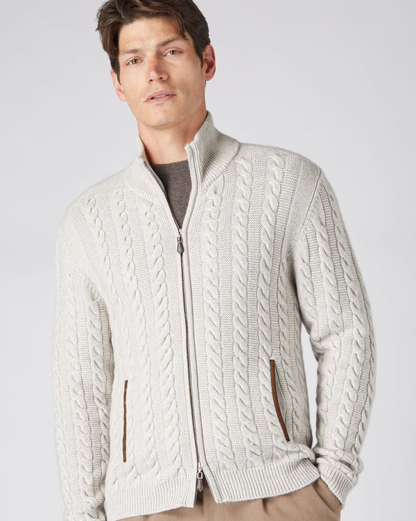 N.Peal Men's Richmond Cable Cashmere Cardigan Pebble Grey
