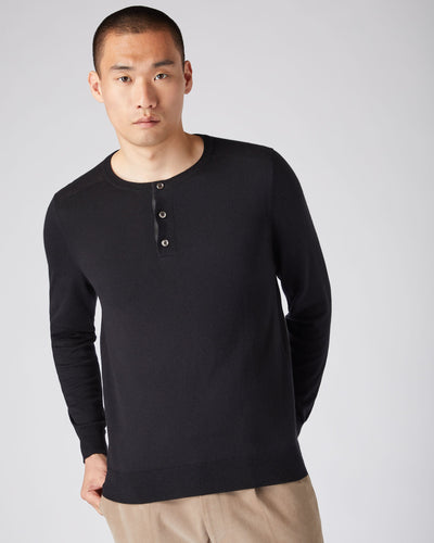 N.Peal Men's Round Neck Cotton Cashmere Henley Black