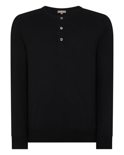 N.Peal Men's Round Neck Cotton Cashmere Henley Black