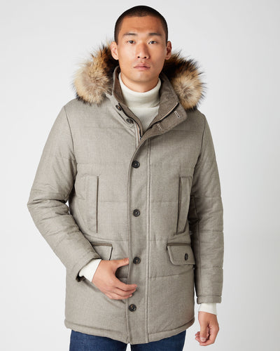 N.Peal Men's Fur Trim Woven Coat Mid Grey