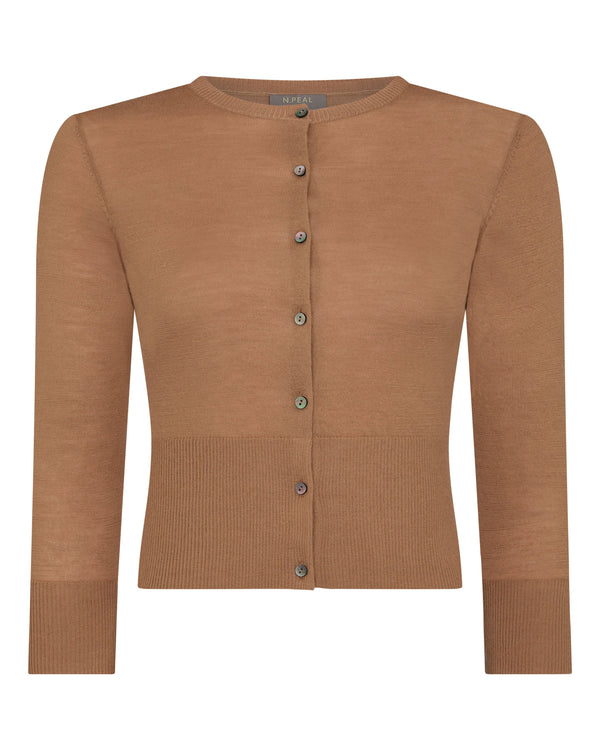 N.Peal Women's Darcie Superfine Cashmere Cropped Cardigan Dark Camel Brown