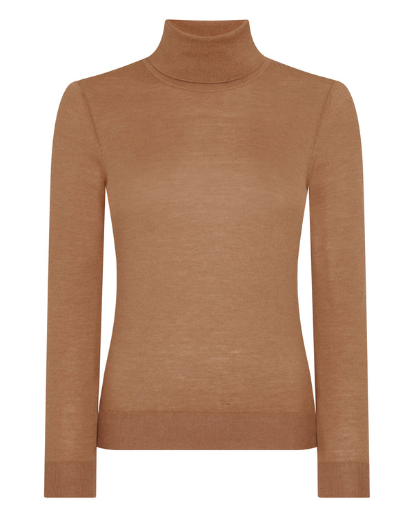 N.Peal Women's Margot Superfine Cashmere Roll Neck Jumper Dark Camel Brown