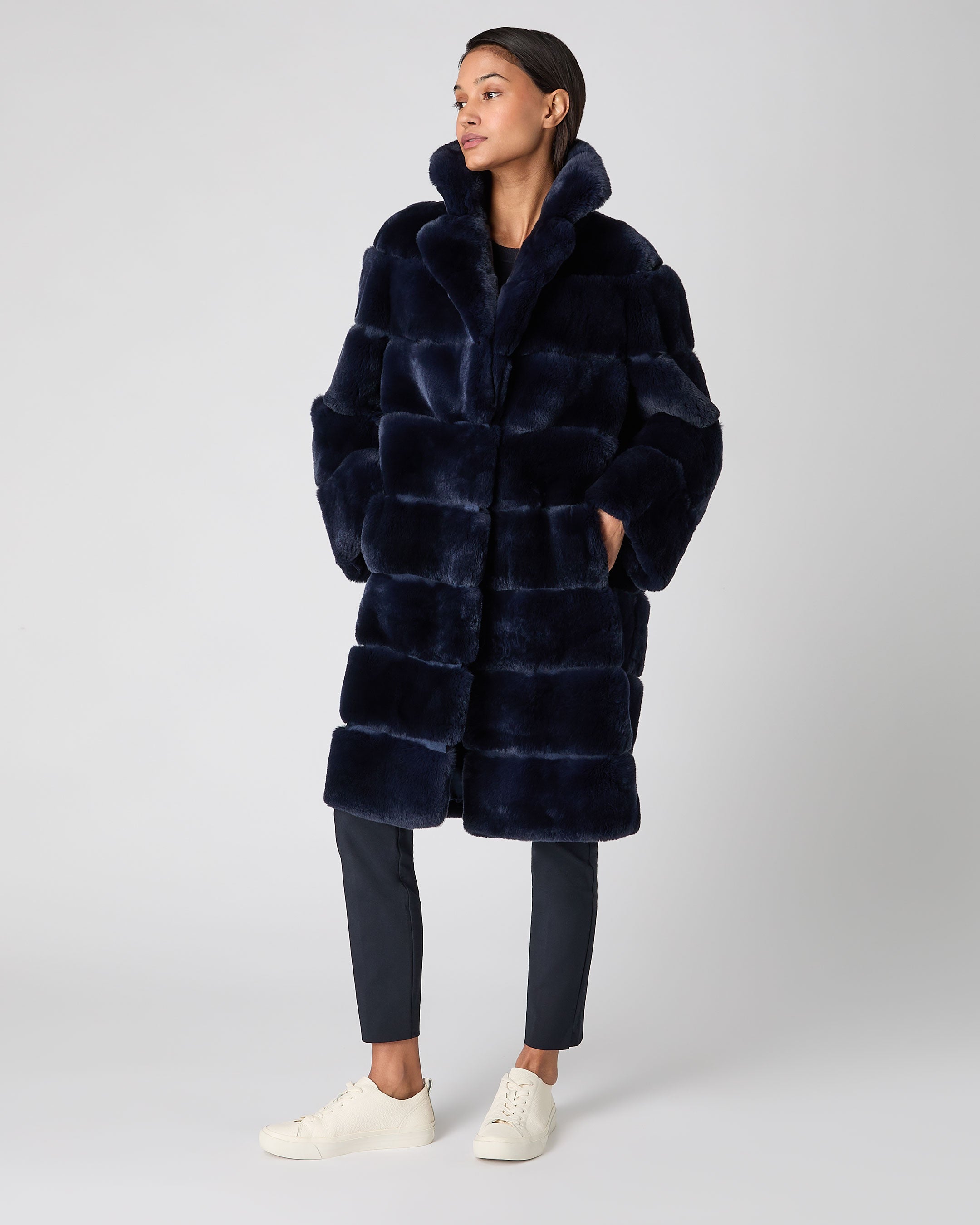 Women's Long Rex Rabbit Coat Dark Navy | N.Peal