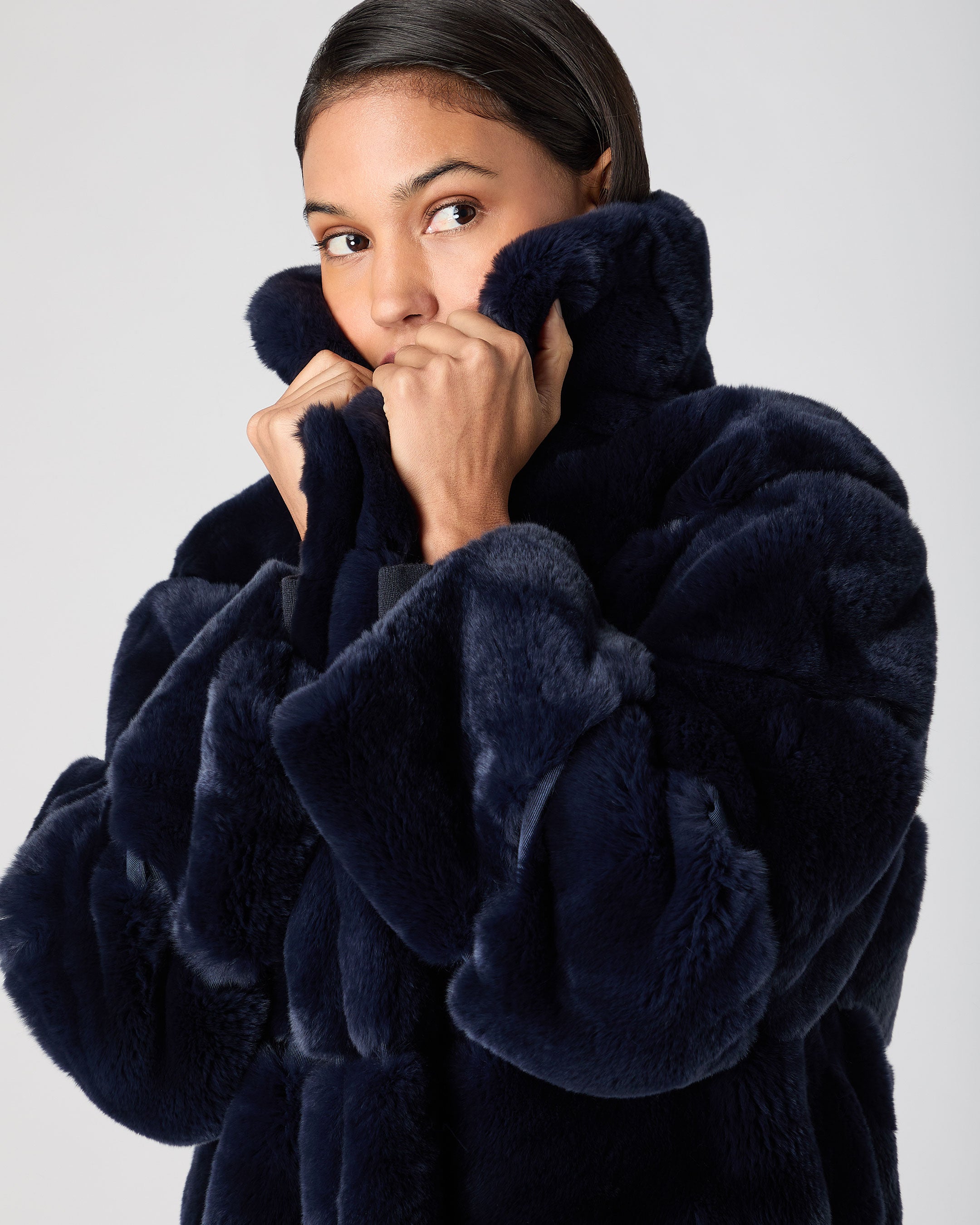 Women's Long Rex Rabbit Coat Dark Navy | N.Peal