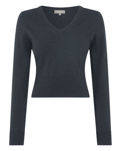 N.Peal Women's Crop V Neck Cashmere Sweater Grigio Blue