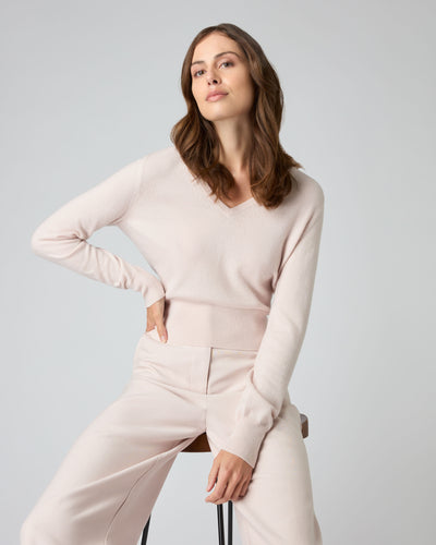 N.Peal Women's Crop V Neck Cashmere Sweater Quartz Pink