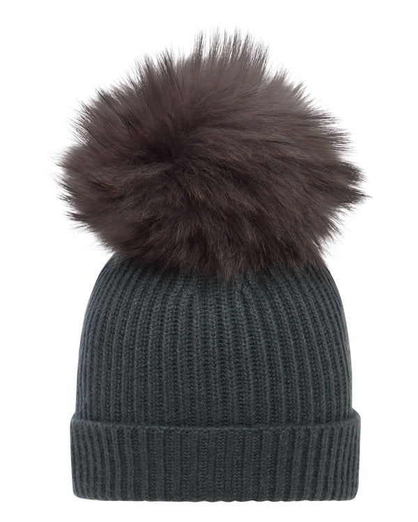 N.Peal Unisex Ribbed Cashmere Hat With Detachable Pom Anthracite Grey