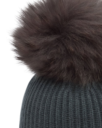 N.Peal Unisex Ribbed Cashmere Hat With Detachable Pom Anthracite