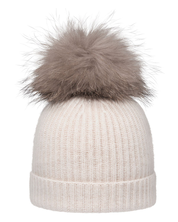 N.Peal Unisex Ribbed Cashmere Hat With Detachable Pom Frost White