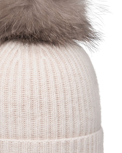 N.Peal Unisex Ribbed Cashmere Hat With Detachable Pom Frost White