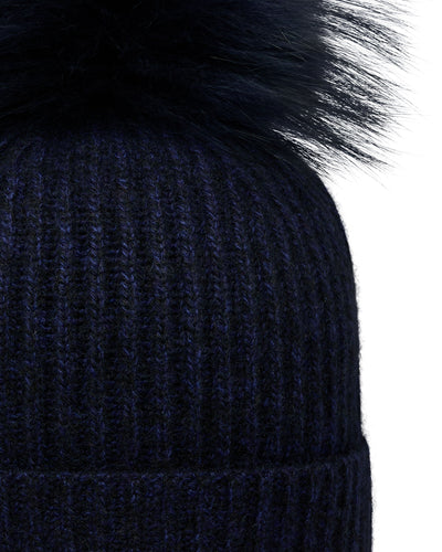 N.Peal Unisex Ribbed Cashmere Hat With Detachable Pom Navy Blue Melange