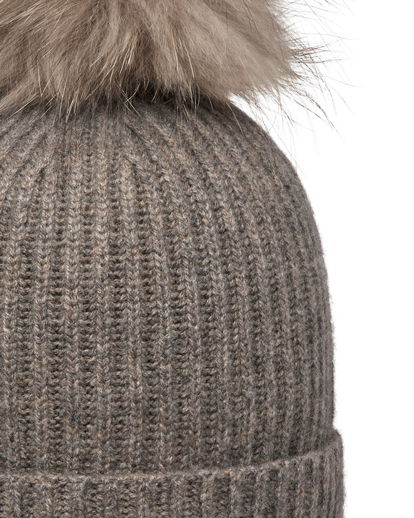 N.Peal Unisex Ribbed Cashmere Hat With Detachable Pom Wood Smoke Brown