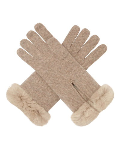 N.Peal Women's Fur Trim Cashmere Gloves Oatmeal Brown