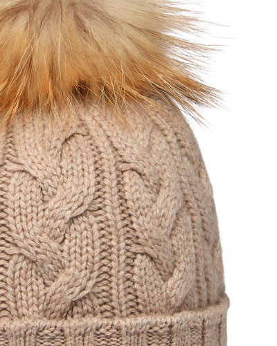 N.Peal Unisex Chunky Cable Cashmere Pom Hat Oatmeal Brown