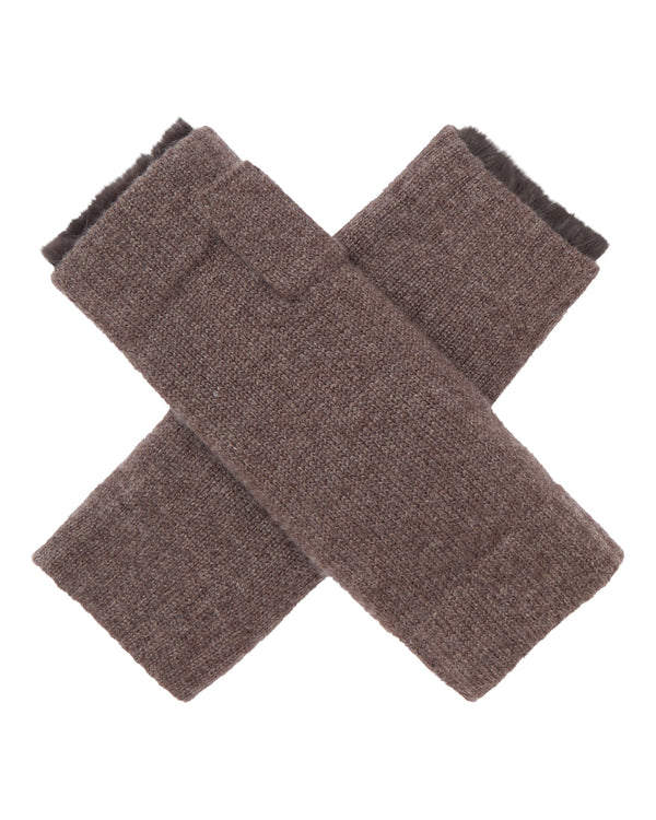 N.Peal Unisex Fur Lined Fingerless Cashmere Gloves Biscotti Brown