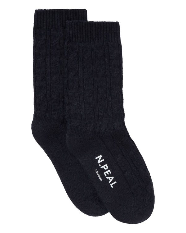 N.Peal Women's Cable Cashmere House Socks Navy Blue