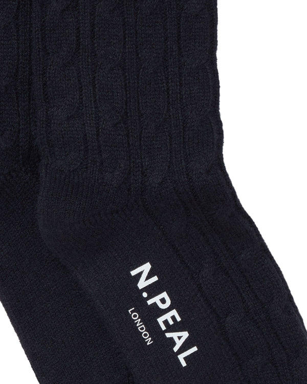 N.Peal Women's Cable Cashmere House Socks Navy Blue