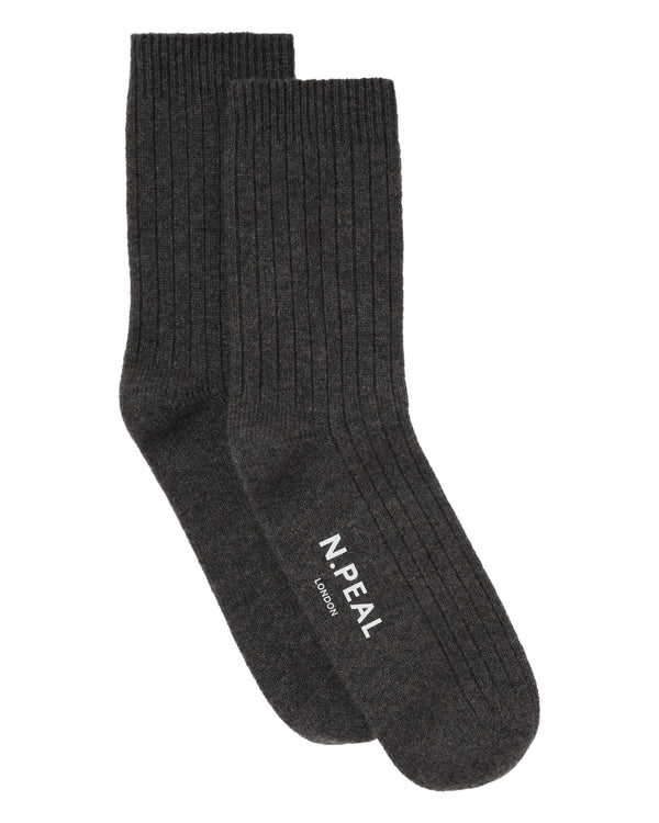 N.Peal Men's Rib Cashmere House Socks Dark Charcoal Grey