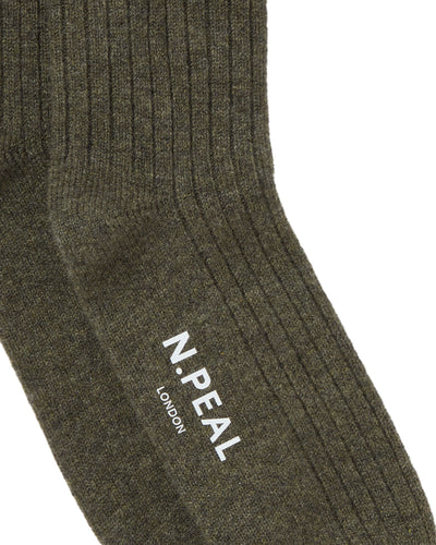 N.Peal Men's Rib Cashmere House Socks Moss Green