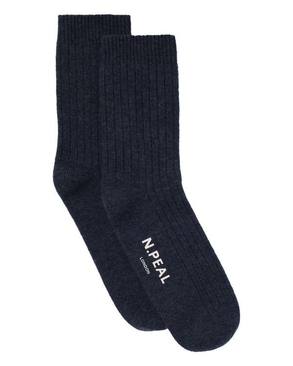 N.Peal Men's Rib Cashmere House Socks Navy Blue