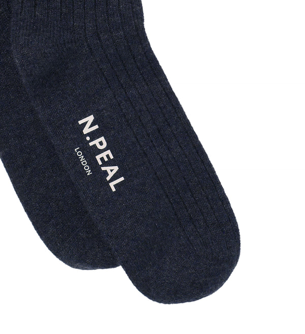 N.Peal Men's Rib Cashmere House Socks Navy Blue