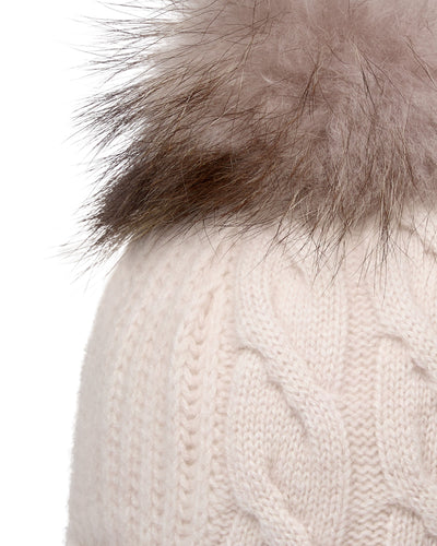 N.Peal Women's Cable Cashmere Hat With Fur Pom Frost White