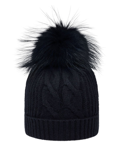 N.Peal Women's Cable Cashmere Hat With Fur Pom Navy Blue