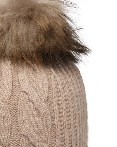 N.Peal Women's Cable Cashmere Hat With Fur Pom Oatmeal Brown