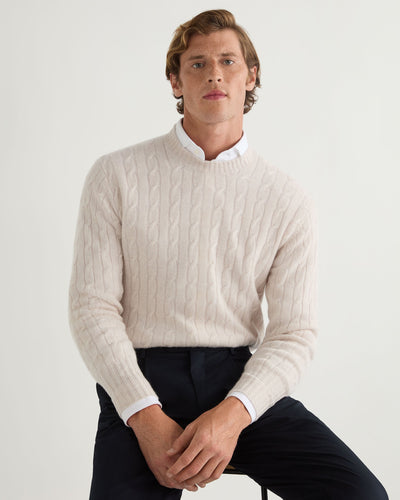 N.Peal Men's Thames Cable Round Neck Cashmere Jumper Frost White