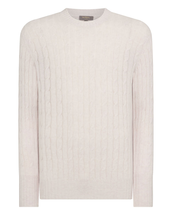 N.Peal Men's Thames Cable Round Neck Cashmere Jumper Frost White