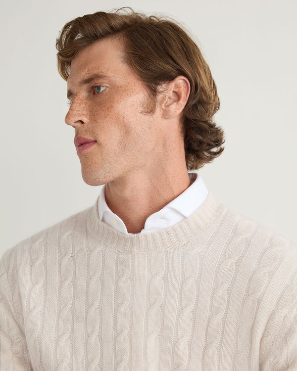 N.Peal Men's Thames Cable Round Neck Cashmere Jumper Frost White