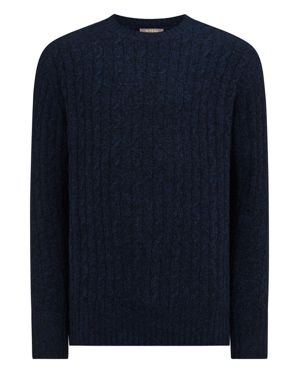 N.Peal Men's Thames Cable Round Neck Cashmere Jumper Navy Blue Melange