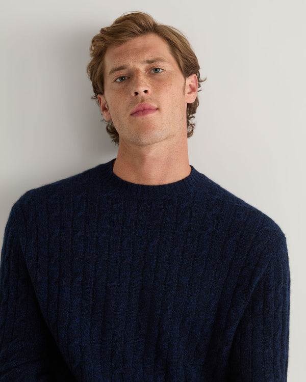 N.Peal Men's Thames Cable Round Neck Cashmere Jumper Navy Blue Melange