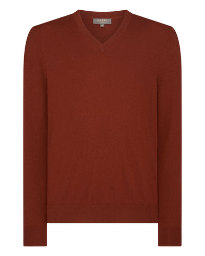 N.Peal Men's Burlington V Neck Cashmere Jumper Spice Orange