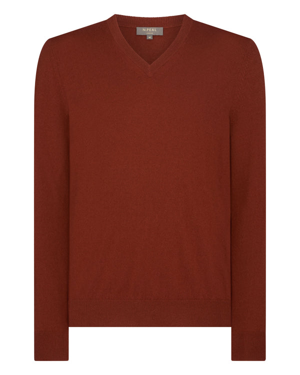 N.Peal Men's Burlington V Neck Cashmere Jumper Spice Orange