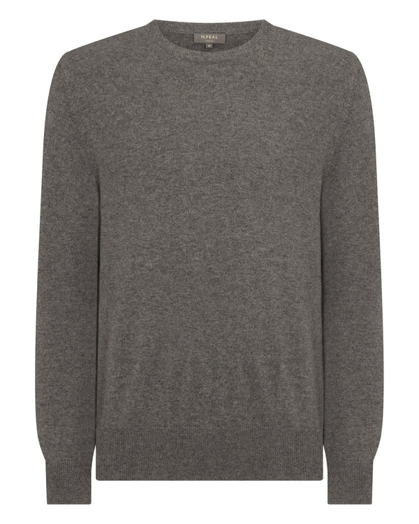 N.Peal Men's Oxford Round Neck Cashmere Jumper Wood Smoke Brown