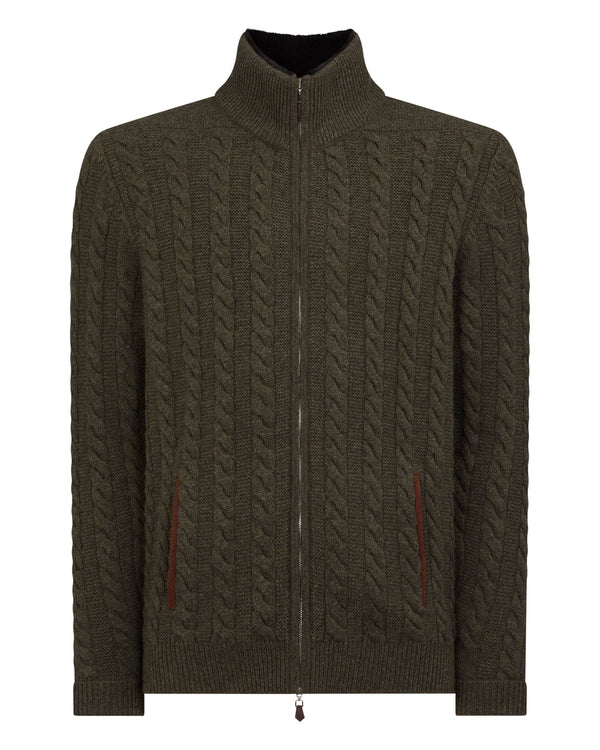 N.Peal Men's Richmond Cable Cashmere Cardigan Moss Green