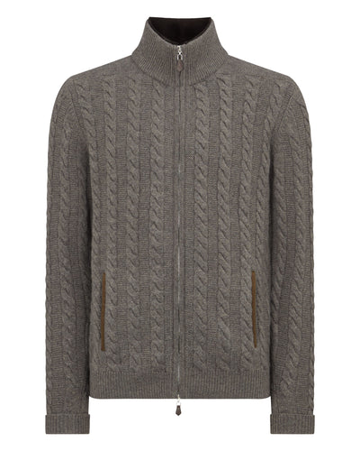 N.Peal Men's Richmond Cable Cashmere Cardigan Wood Smoke Brown