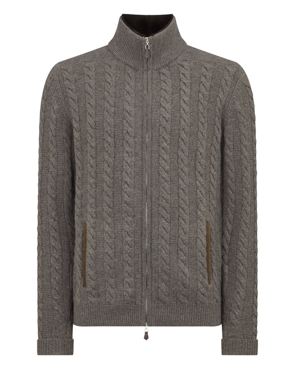 N.Peal Men's Richmond Cable Cashmere Cardigan Wood Smoke Brown