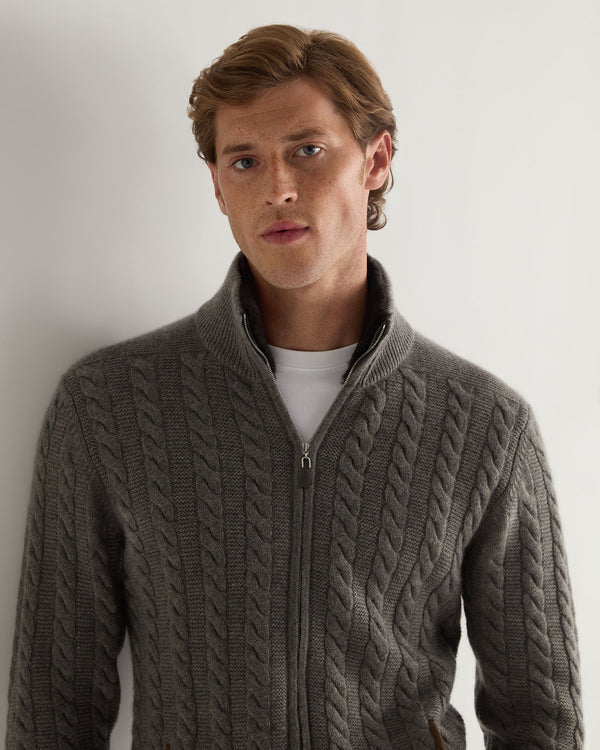 N.Peal Men's Richmond Cable Cashmere Cardigan Wood Smoke Brown