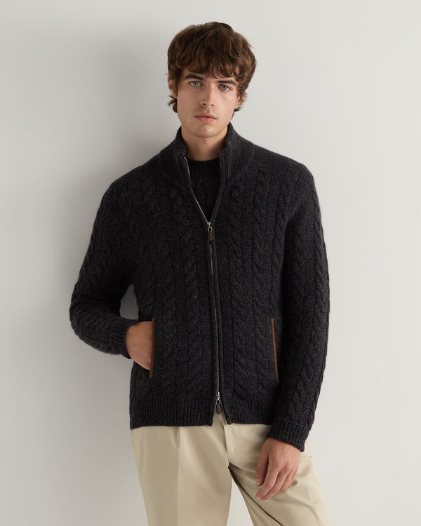 N.Peal Men's Richmond Cable Cashmere Cardigan Granite Blue