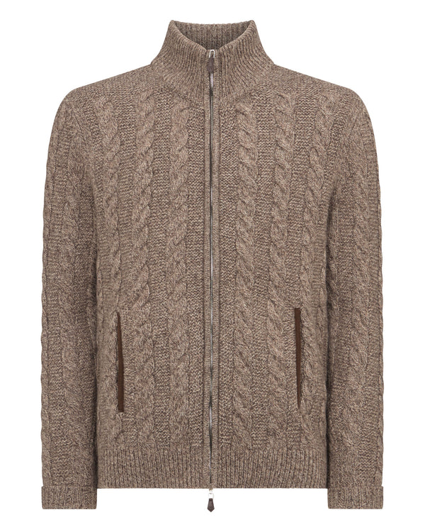 N.Peal Men's Richmond Cable Cashmere Cardigan Heather Hazel Brown