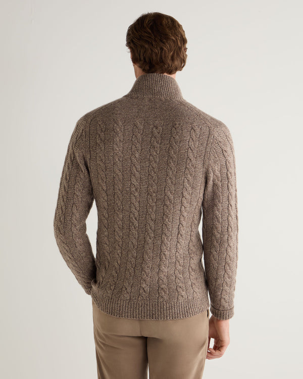 N.Peal Men's Richmond Cable Cashmere Cardigan Heather Hazel Brown