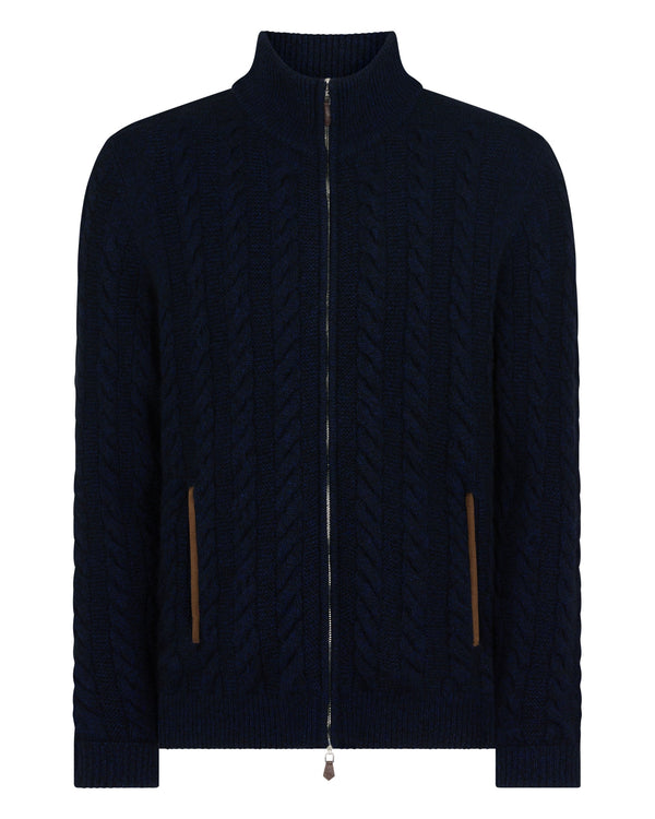 N.Peal Men's Richmond Cable Cashmere Cardigan Navy Blue Melange