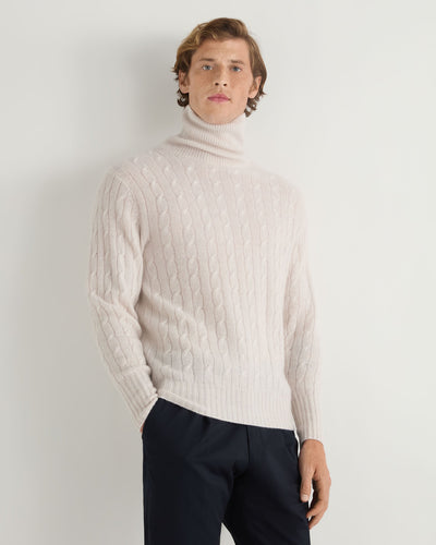 N.Peal Men's Berwick Cable Roll Neck Cashmere Jumper Frost White