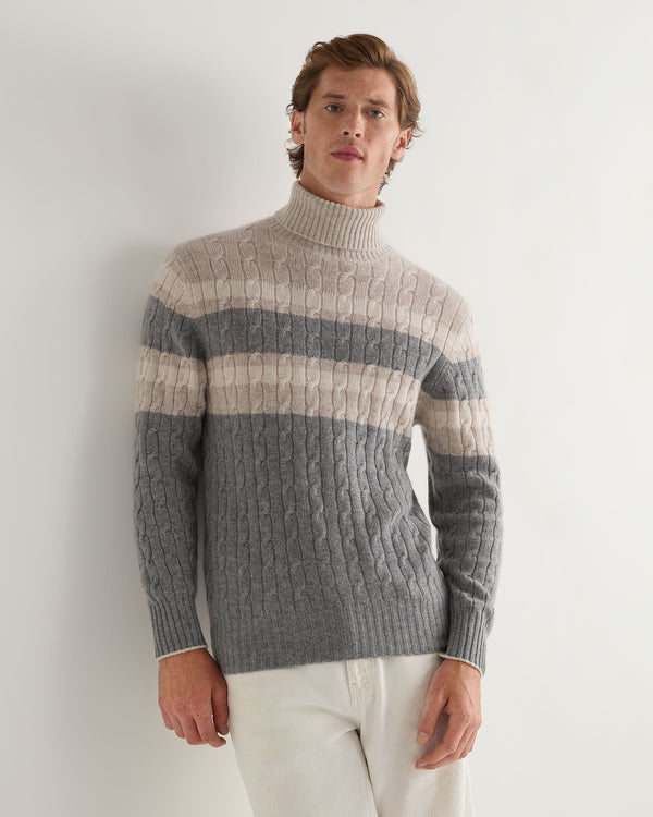 N.Peal Men's Berwick Stripe Roll Neck Cashmere Jumper Frost White