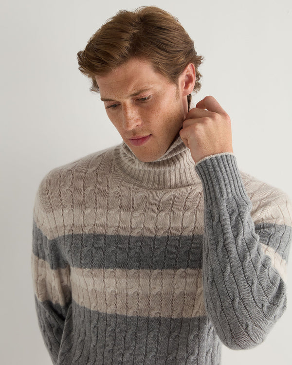 N.Peal Men's Berwick Stripe Roll Neck Cashmere Jumper Frost White