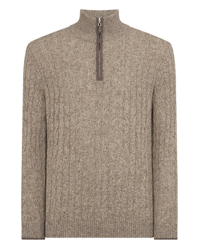 N.Peal Men's Albemarle Cable Half Zip Cashmere Jumper Heather Hazel Brown