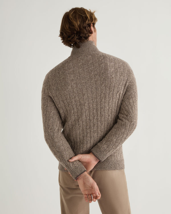 N.Peal Men's Albemarle Cable Half Zip Cashmere Jumper Heather Hazel Brown